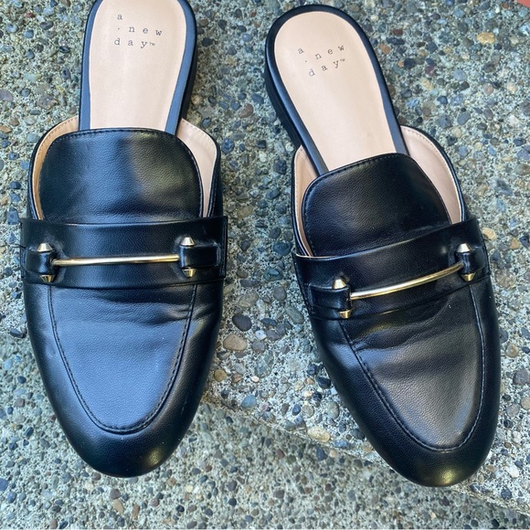 Black loafer flats with gold bar and stud detailing - Picture 5 of 5